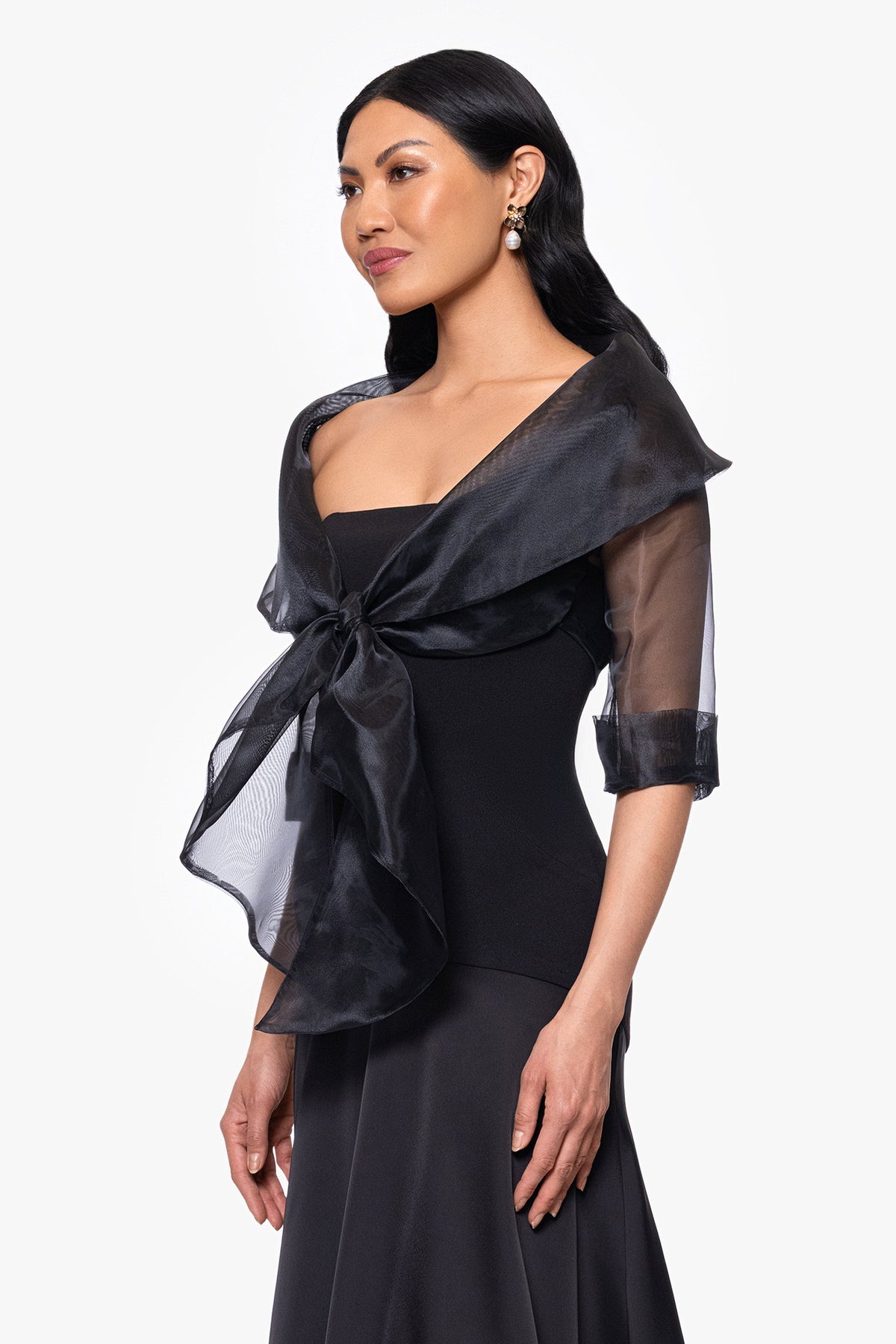 "Agnes" Organza 3/4 Sleeve Shawl Wrap - Black | Betsy & Adam