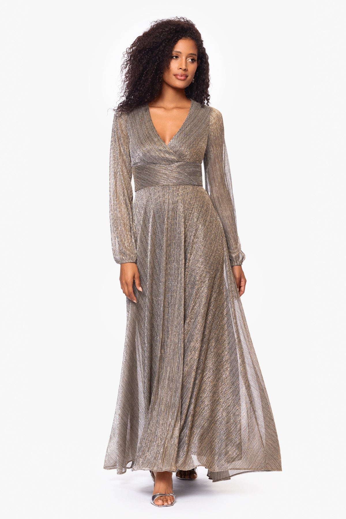 "Alexa" Metallic Knit Long Sleeve Dress - Mocha/Gold | Betsy & Adam