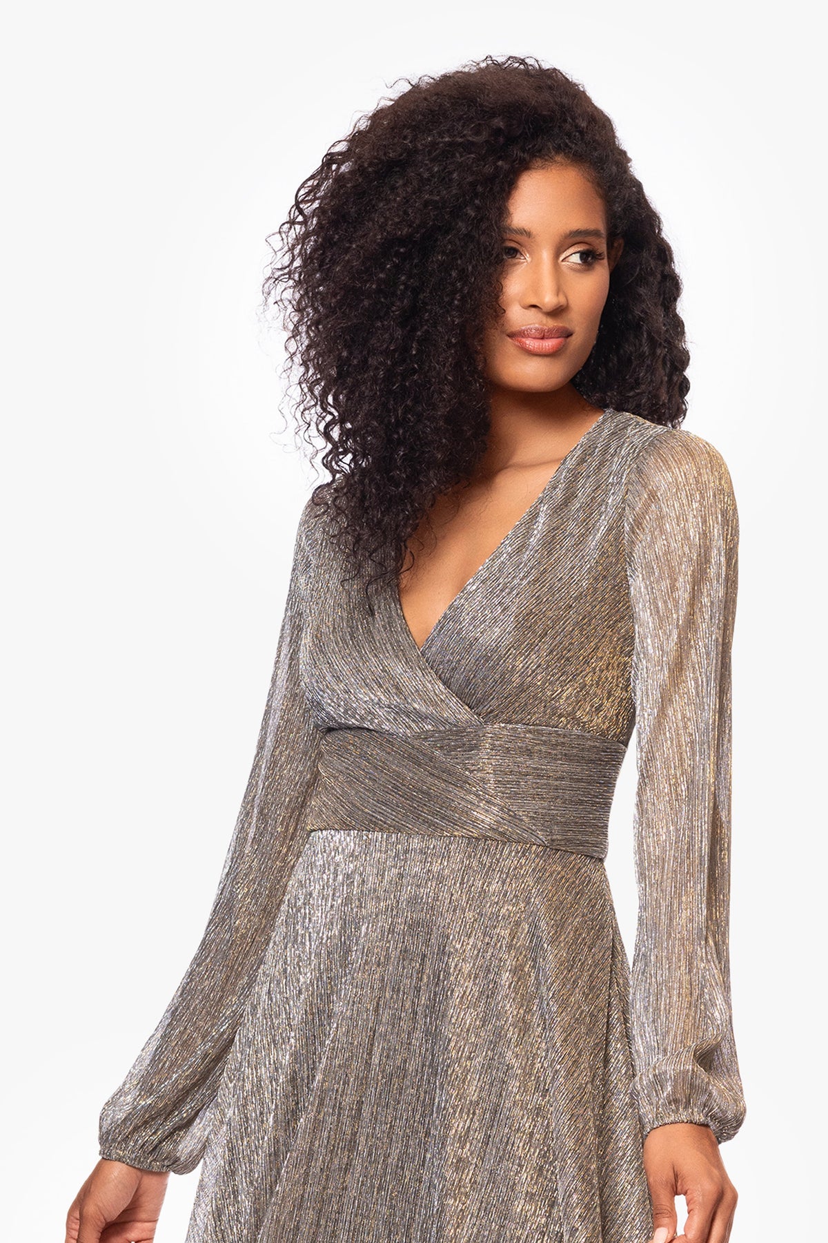 "Alexa" Metallic Knit Long Sleeve Dress - Mocha/Gold | Betsy & Adam