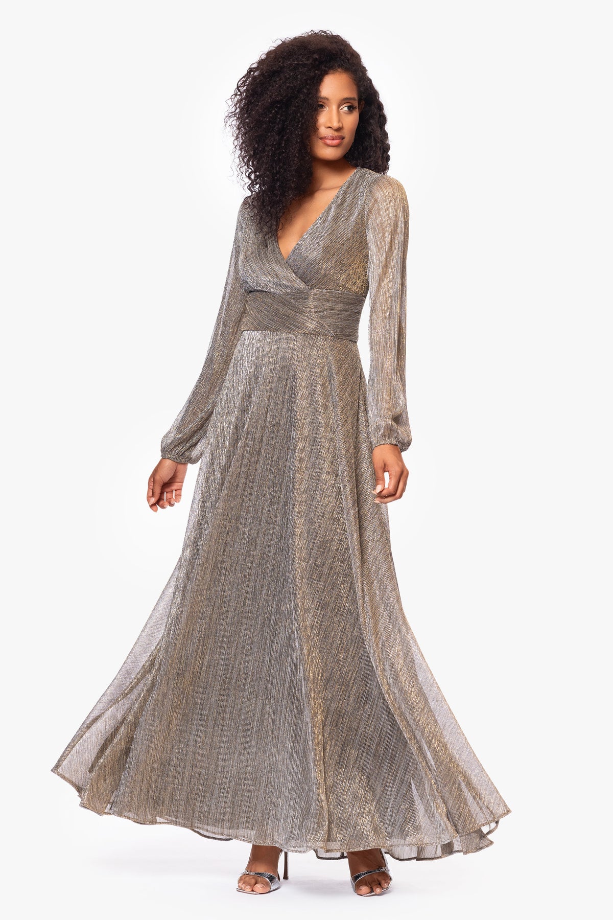 "Alexa" Metallic Knit Long Sleeve Dress - Mocha/Gold | Betsy & Adam