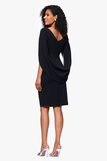 Petite "Jordan" Scuba Crepe Draped Back Short Dress - Black | Betsy & Adam