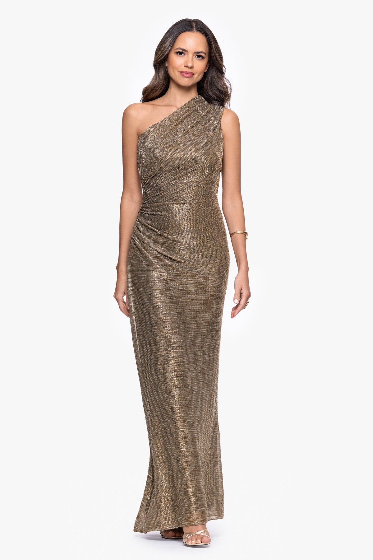 "Bayley" Metallic One Shoulder Dress - Mocha/Gold | Betsy & Adam