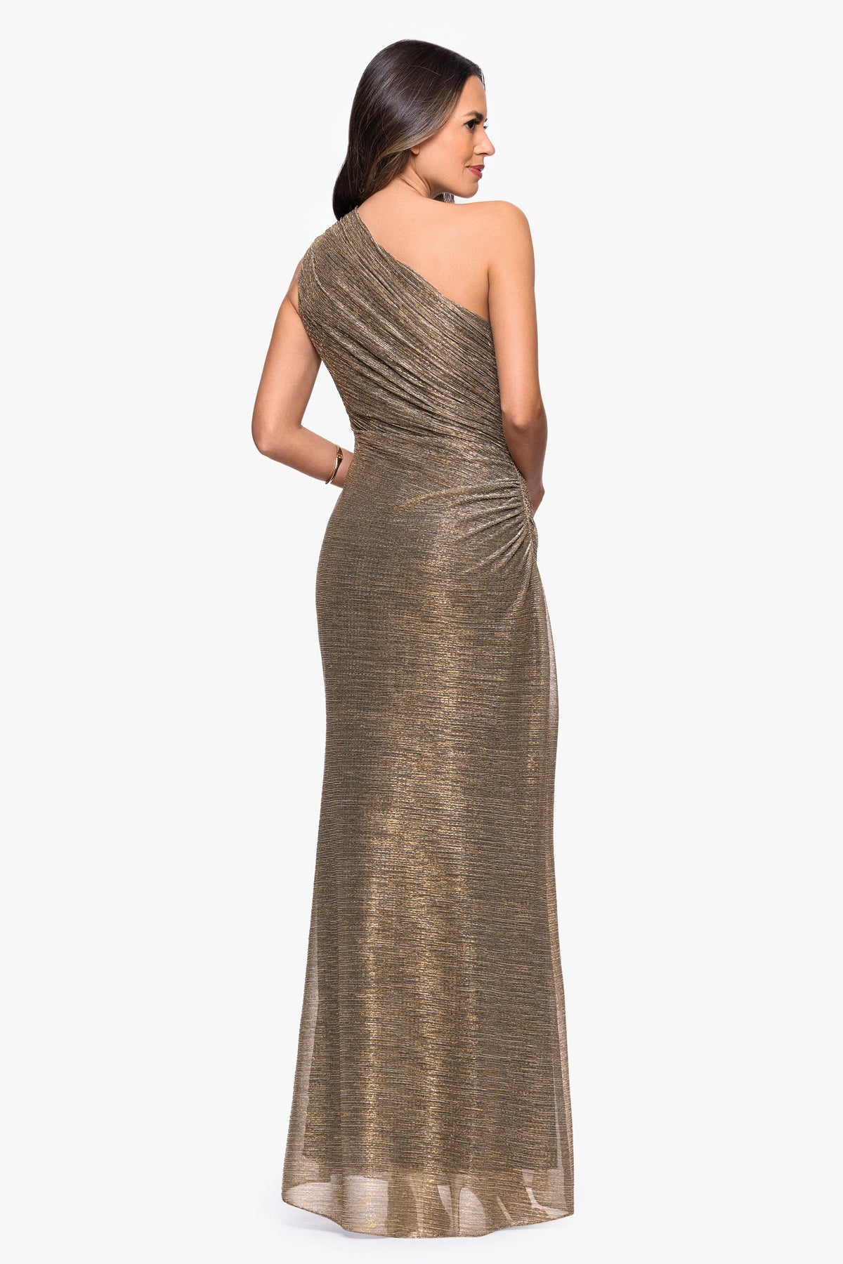 "Bayley" Metallic One Shoulder Dress - Mocha/Gold | Betsy & Adam
