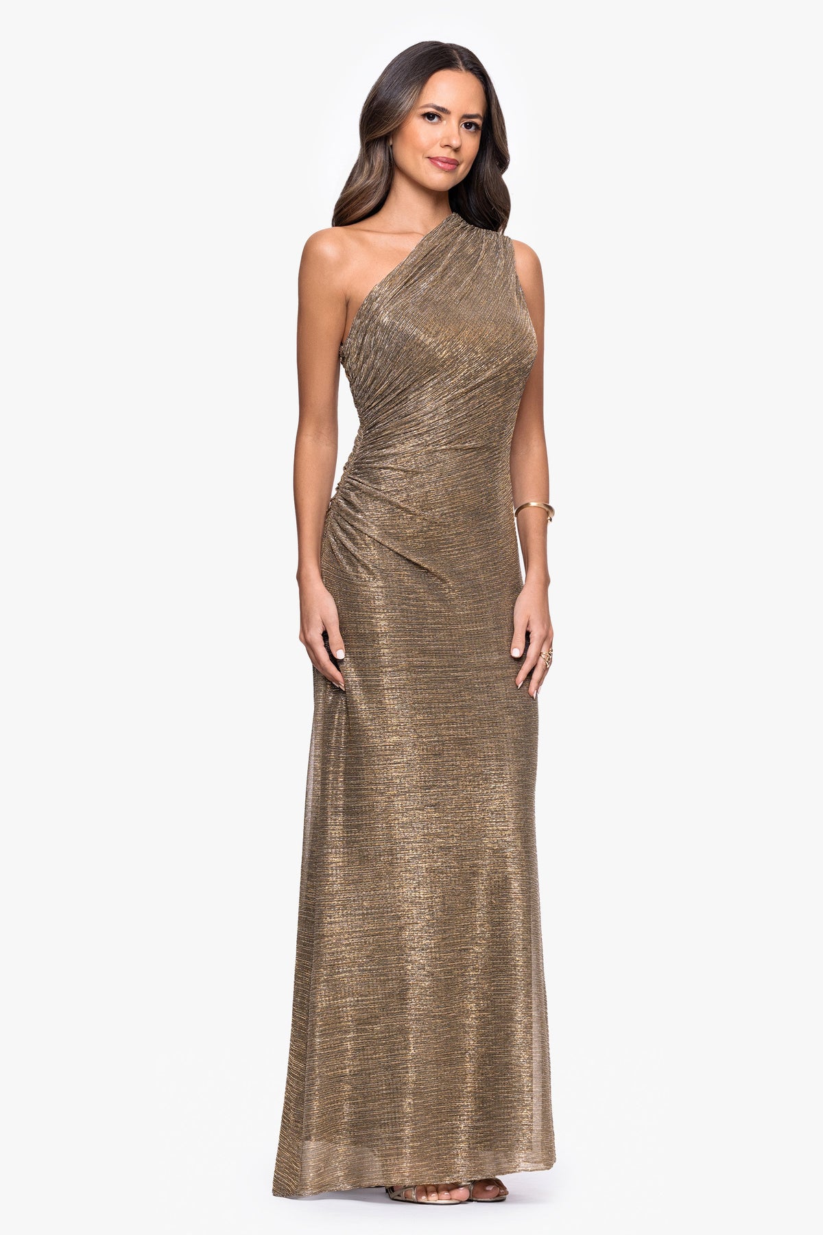 "Bayley" Metallic One Shoulder Dress - Mocha/Gold | Betsy & Adam
