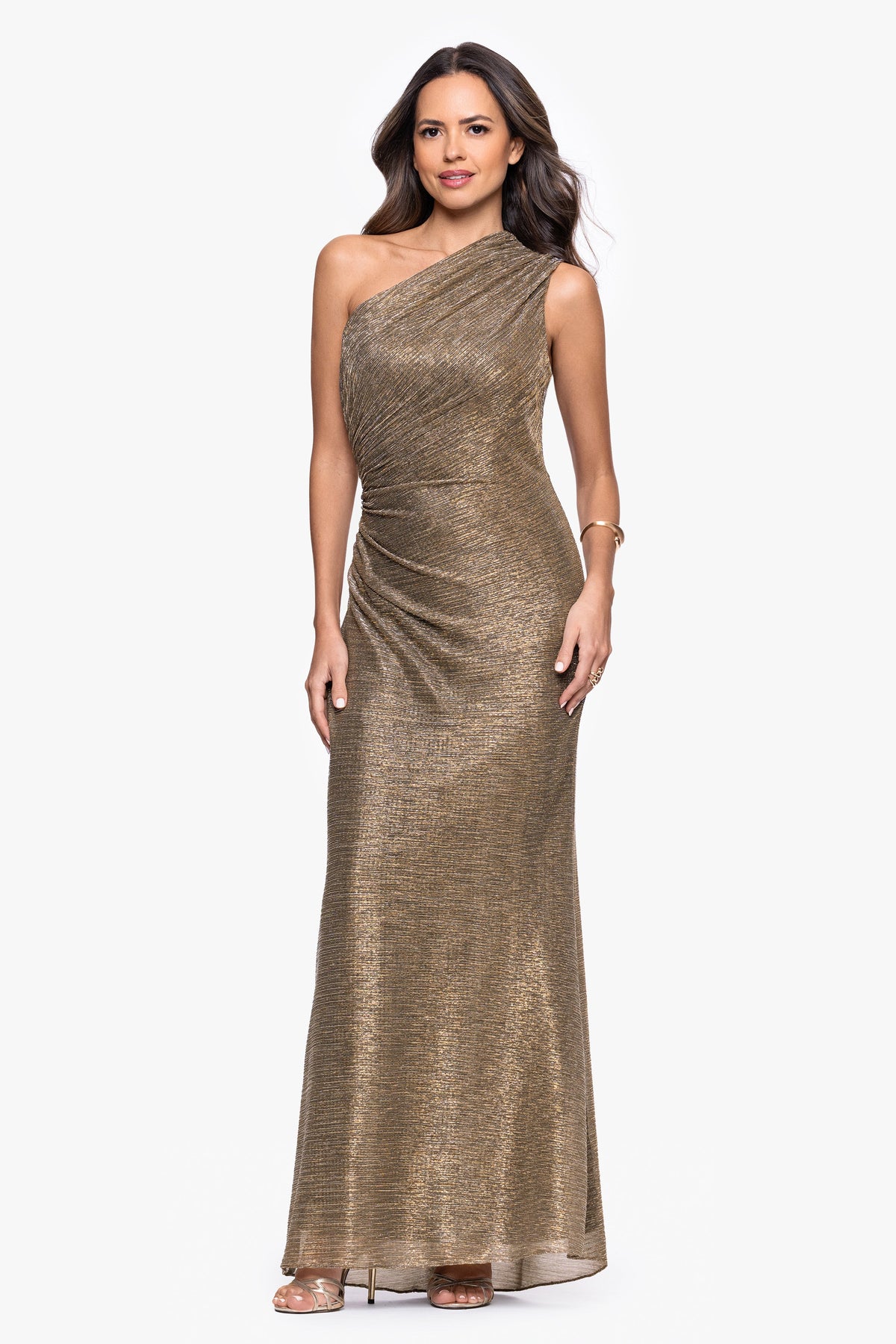 "Bayley" Metallic One Shoulder Dress - Mocha/Gold | Betsy & Adam