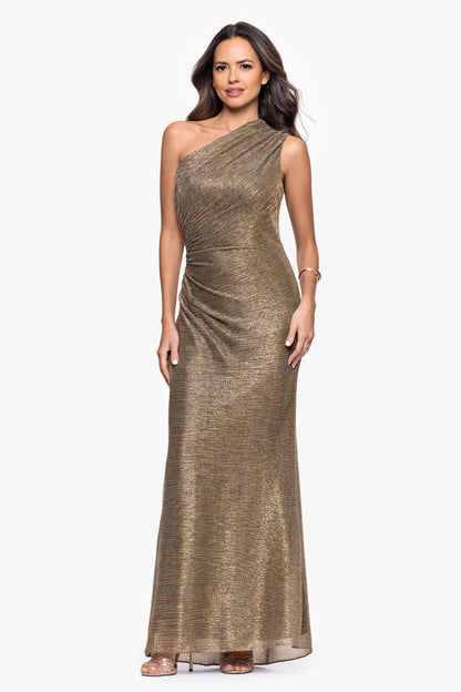 "Bayley" Metallic One Shoulder Dress - Mocha/Gold | Betsy & Adam