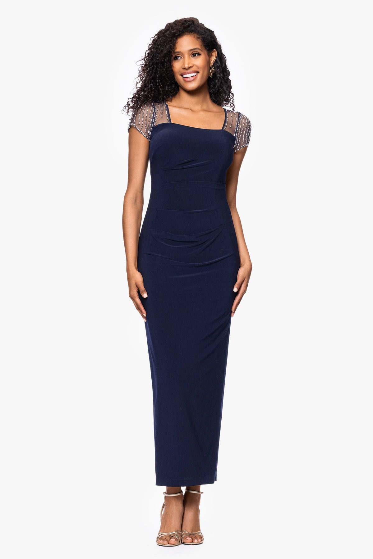 "Lilibeth" Jersey Knit Flutter Sleeve Dress - Navy/Silver | Betsy & Adam