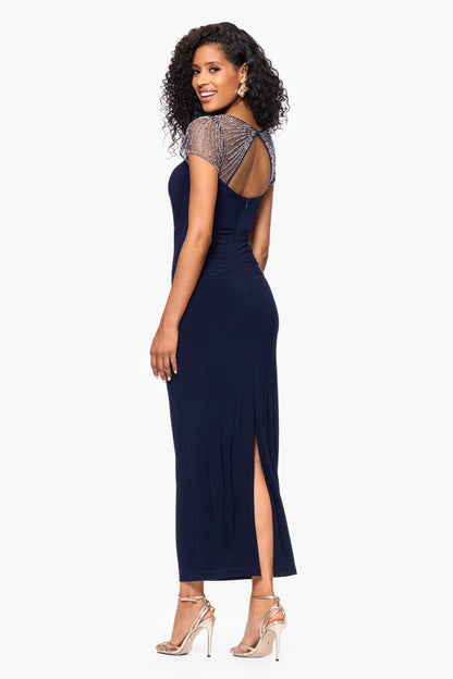 "Lilibeth" Jersey Knit Flutter Sleeve Dress - Navy/Silver | Betsy & Adam
