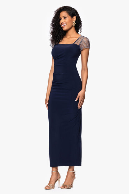 "Lilibeth" Jersey Knit Flutter Sleeve Dress - Navy/Silver | Betsy & Adam