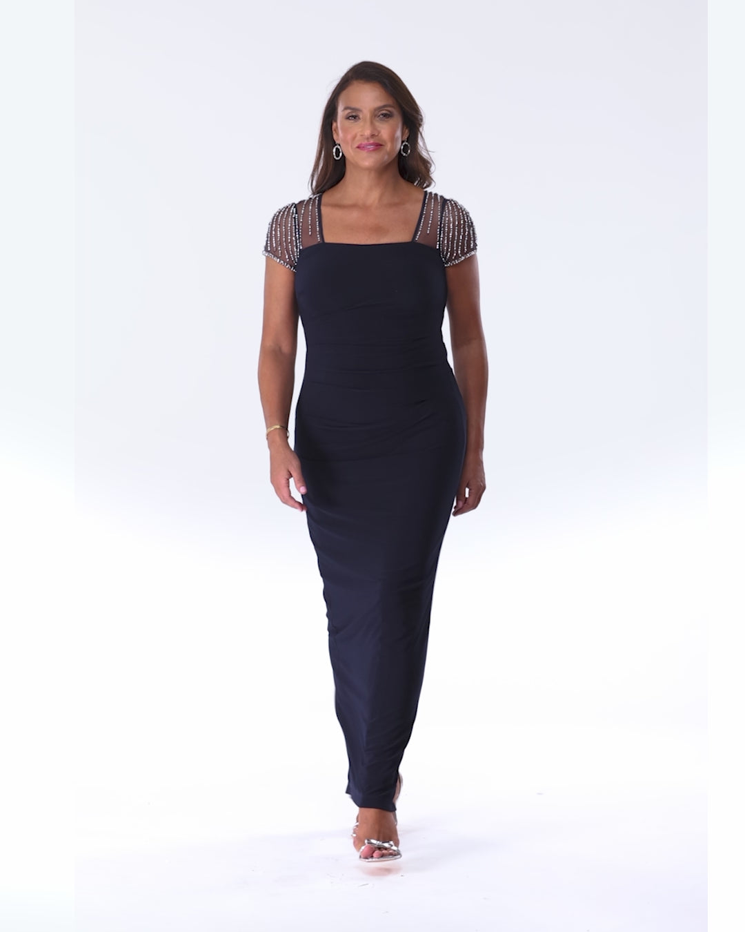 "Lilibeth" Jersey Knit Flutter Sleeve Dress - Navy/Silver | Betsy & Adam