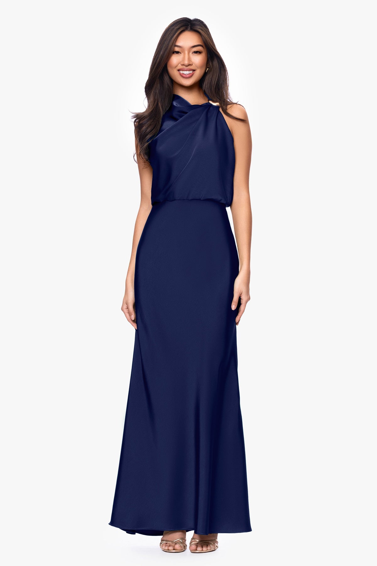 Petite "Colette" Satin Ruched Trim Dress - Navy | Betsy & Adam