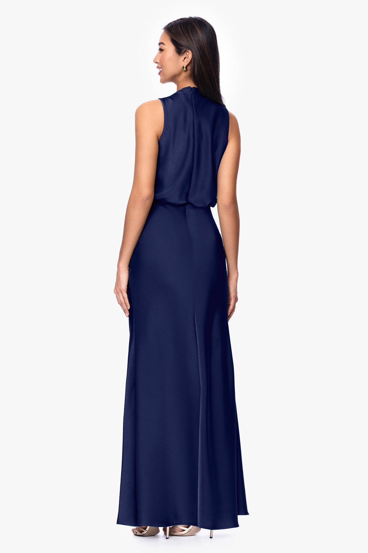 Petite "Colette" Satin Ruched Trim Dress - Navy | Betsy & Adam