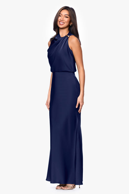 Petite "Colette" Satin Ruched Trim Dress - Navy | Betsy & Adam