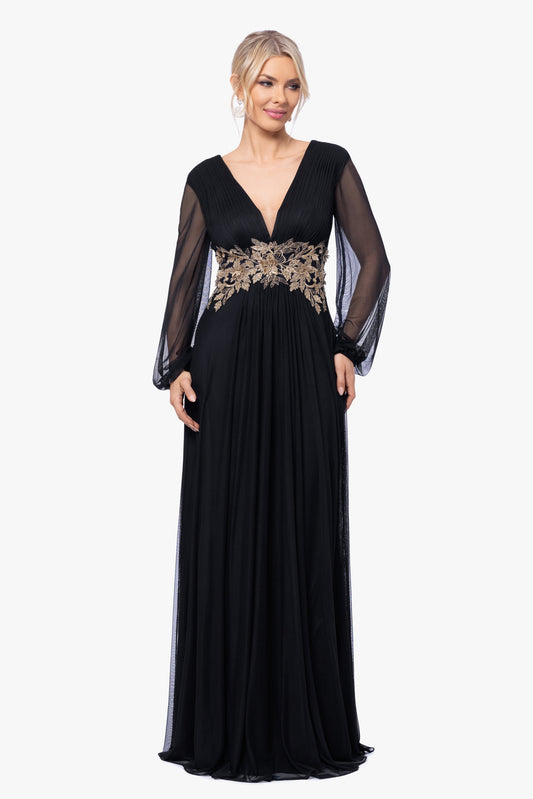"Rebecca" Mesh Long Sleeve Dress - Black/Gold | Betsy & Adam