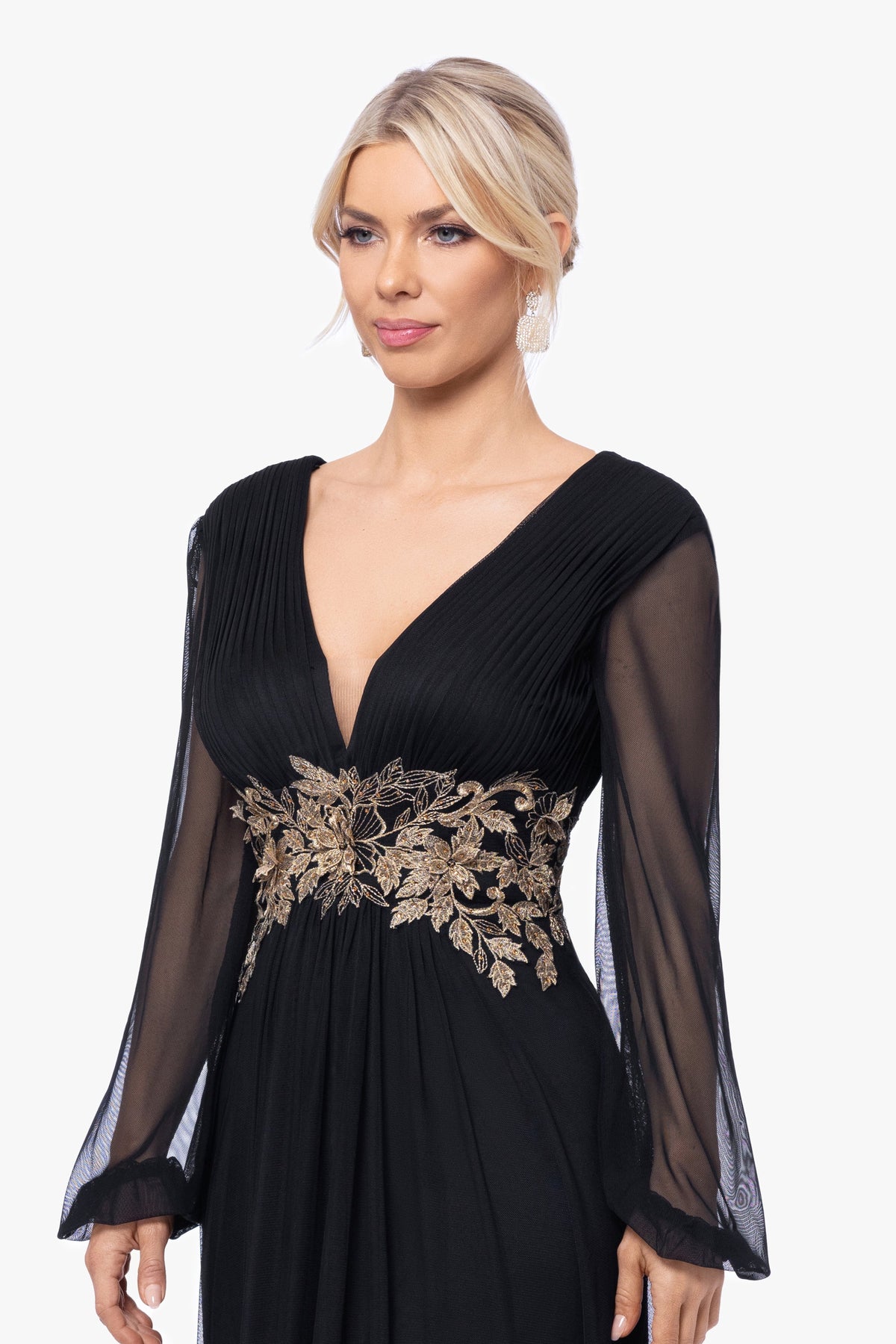 "Rebecca" Mesh Long Sleeve Dress - Black/Gold | Betsy & Adam