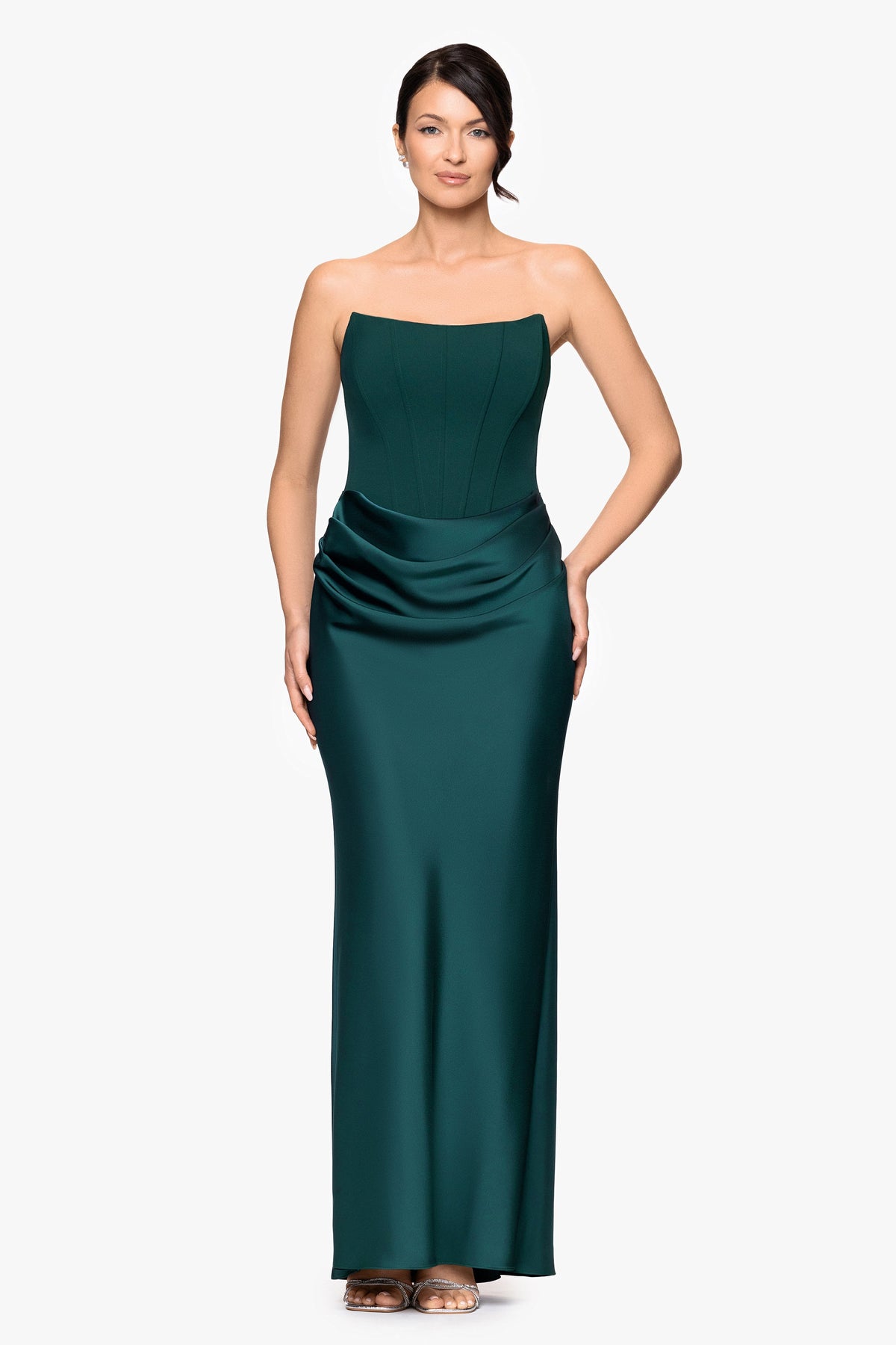 "Debra" Scuba Crepe & Satin Strapless Dress - Pine | Betsy & Adam