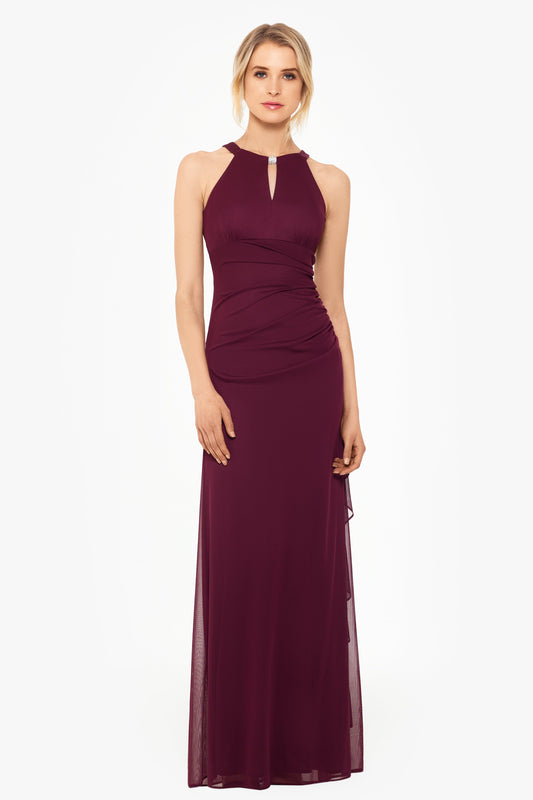 “Petra” Sheer Matte Jersey Knit Key Hole Dress - Garnet | Betsy & Adam