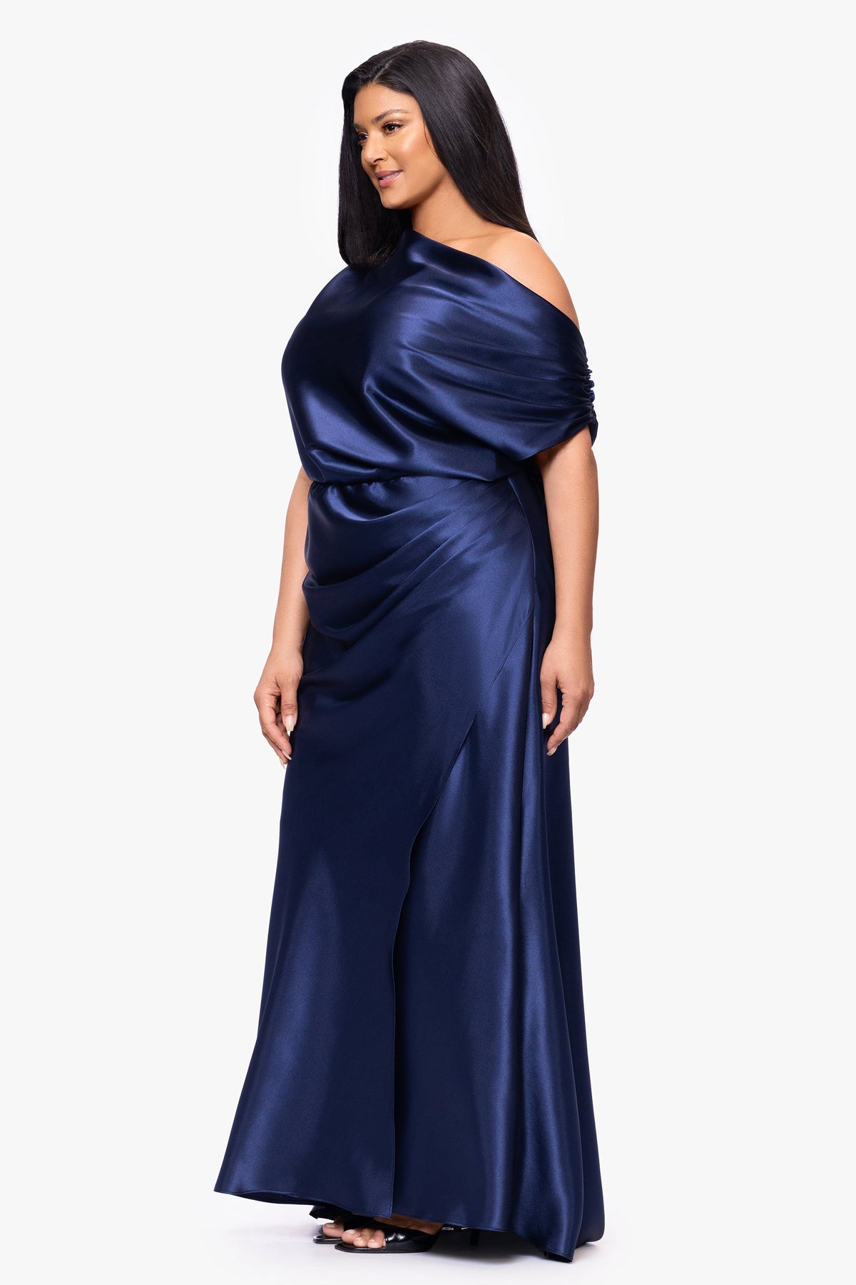 Plus "Sofia" Satin Drop Shoulder Dress - Navy | Betsy & Adam
