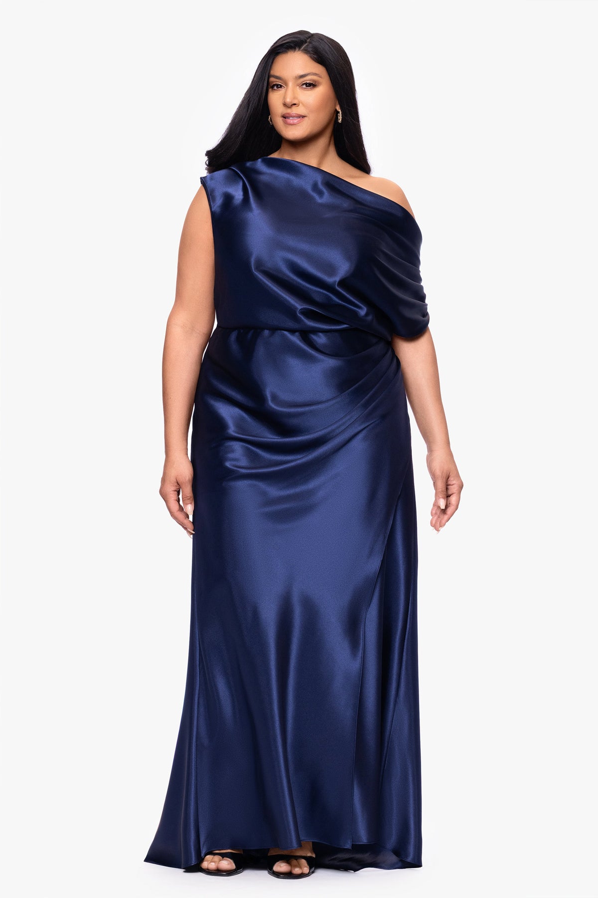 Plus "Sofia" Satin Drop Shoulder Dress - Navy | Betsy & Adam