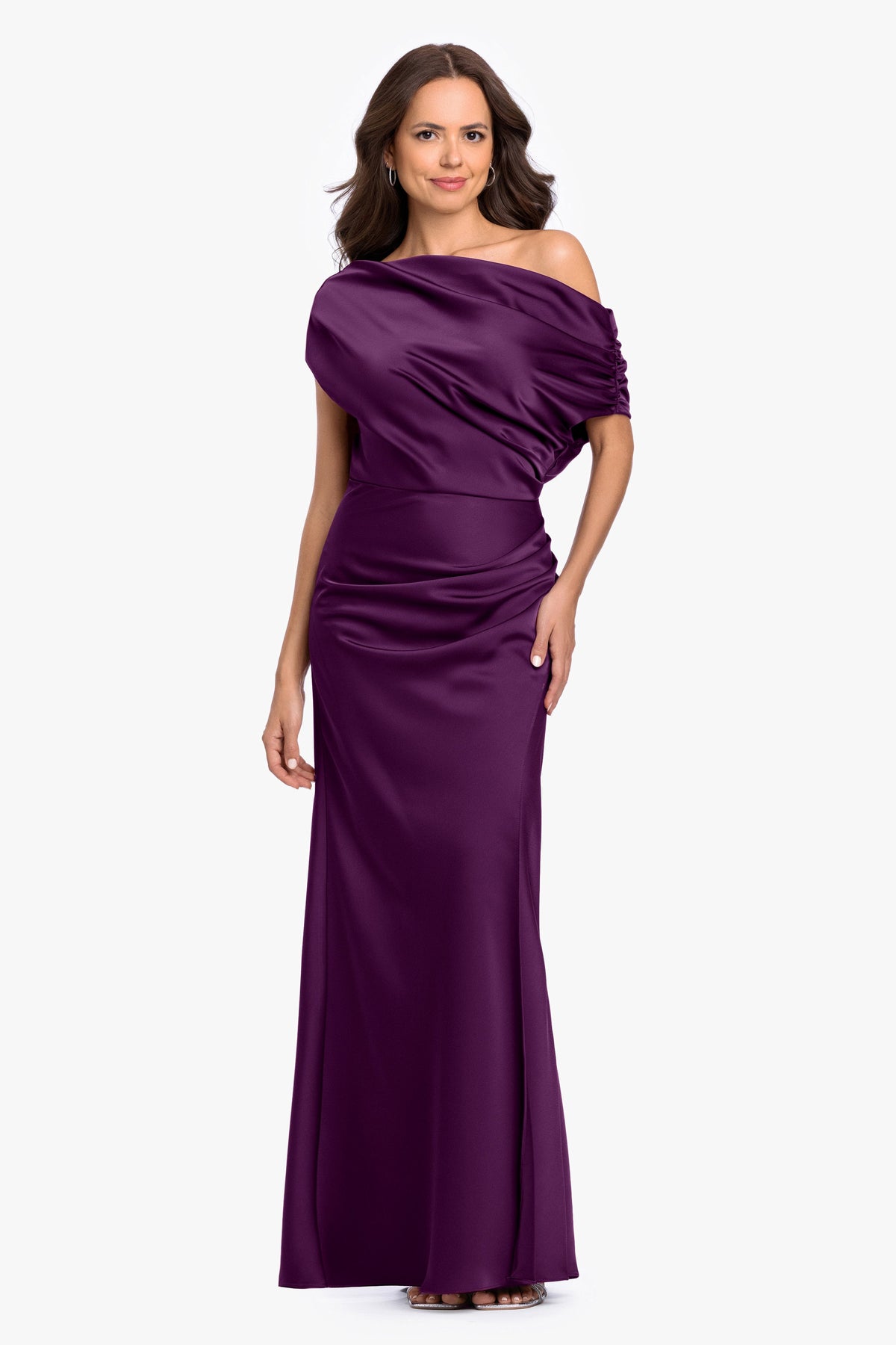 “Hailey” Double Faced Satin Off The Shoulder Ruched Dress - Plum | Betsy & Adam