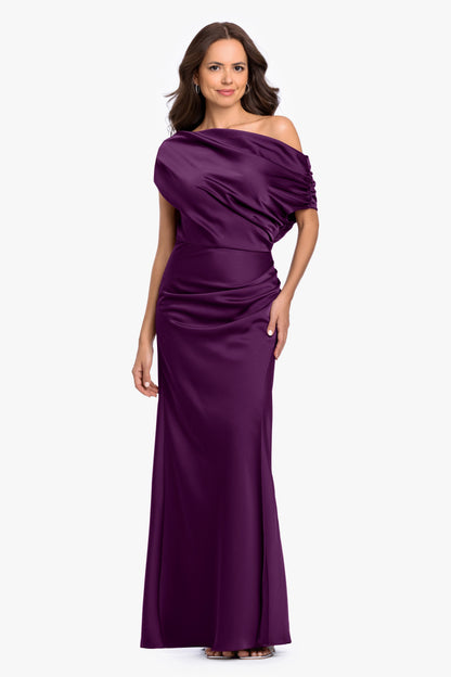 “Hailey” Double Faced Satin Off The Shoulder Ruched Dress - Plum | Betsy & Adam