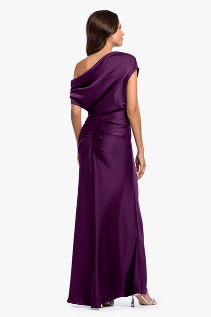 “Hailey” Double Faced Satin Off The Shoulder Ruched Dress - Plum | Betsy & Adam