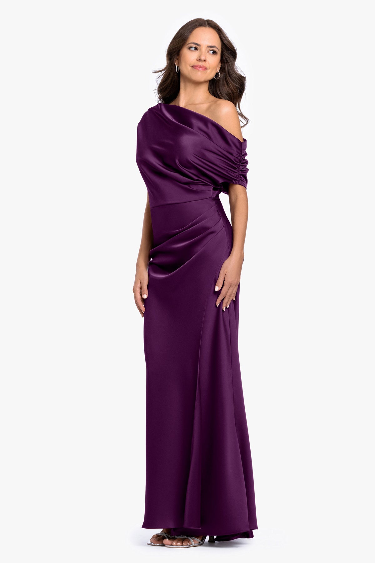 “Hailey” Double Faced Satin Off The Shoulder Ruched Dress - Plum | Betsy & Adam