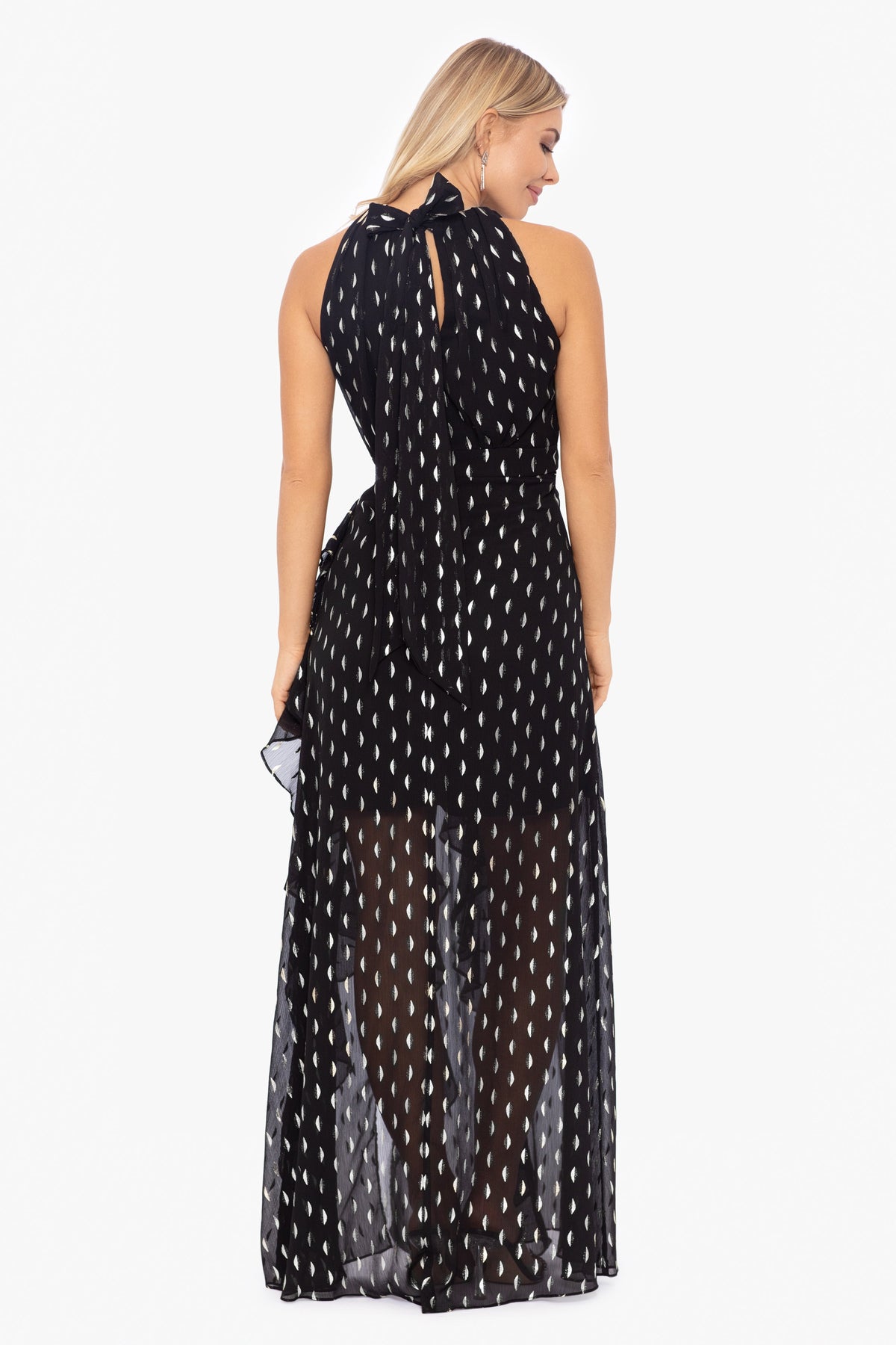 "Karina" Chiffon Foil Ruffle Tie Neck Dress - Black/Gold | Betsy & Adam