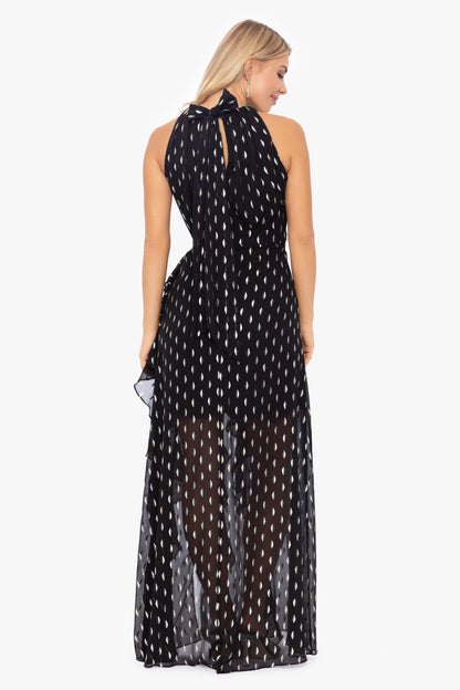 "Karina" Chiffon Foil Ruffle Tie Neck Dress - Black/Gold | Betsy & Adam