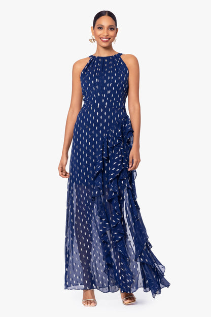 "Karina" Chiffon Foil Ruffle Tie Neck Dress - Black/Gold | Betsy & Adam