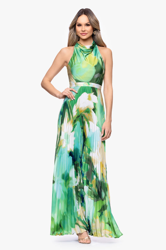 Petite "Brynn" Satin Cowl Neck Pleated Skirt Dress - Green/Multi | Betsy & Adam
