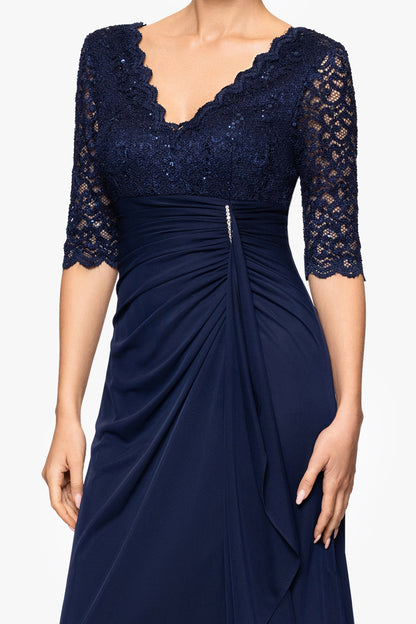Petite "Johanna" Sheer Matte Jersey 3/4 Sleeve Dress - Navy | Betsy & Adam