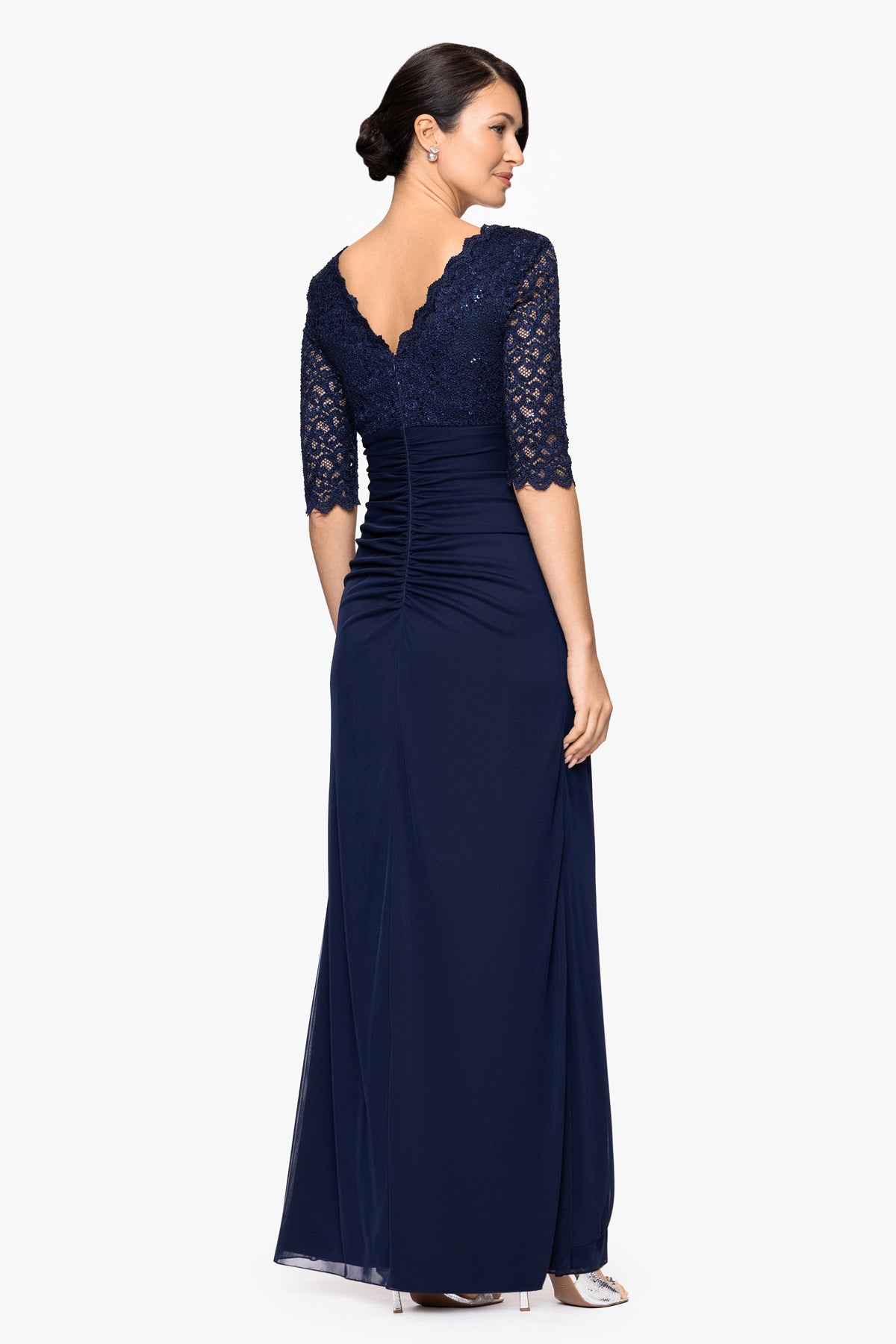 Petite "Johanna" Sheer Matte Jersey 3/4 Sleeve Dress - Navy | Betsy & Adam