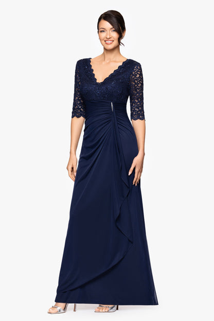 Petite "Johanna" Sheer Matte Jersey 3/4 Sleeve Dress - Navy | Betsy & Adam