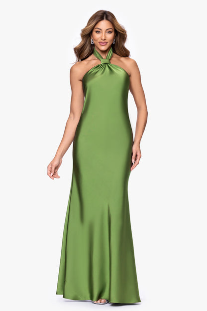 "Esmerelda" Satin Double Knotted Halter Neck Dress - Moss | Betsy & Adam