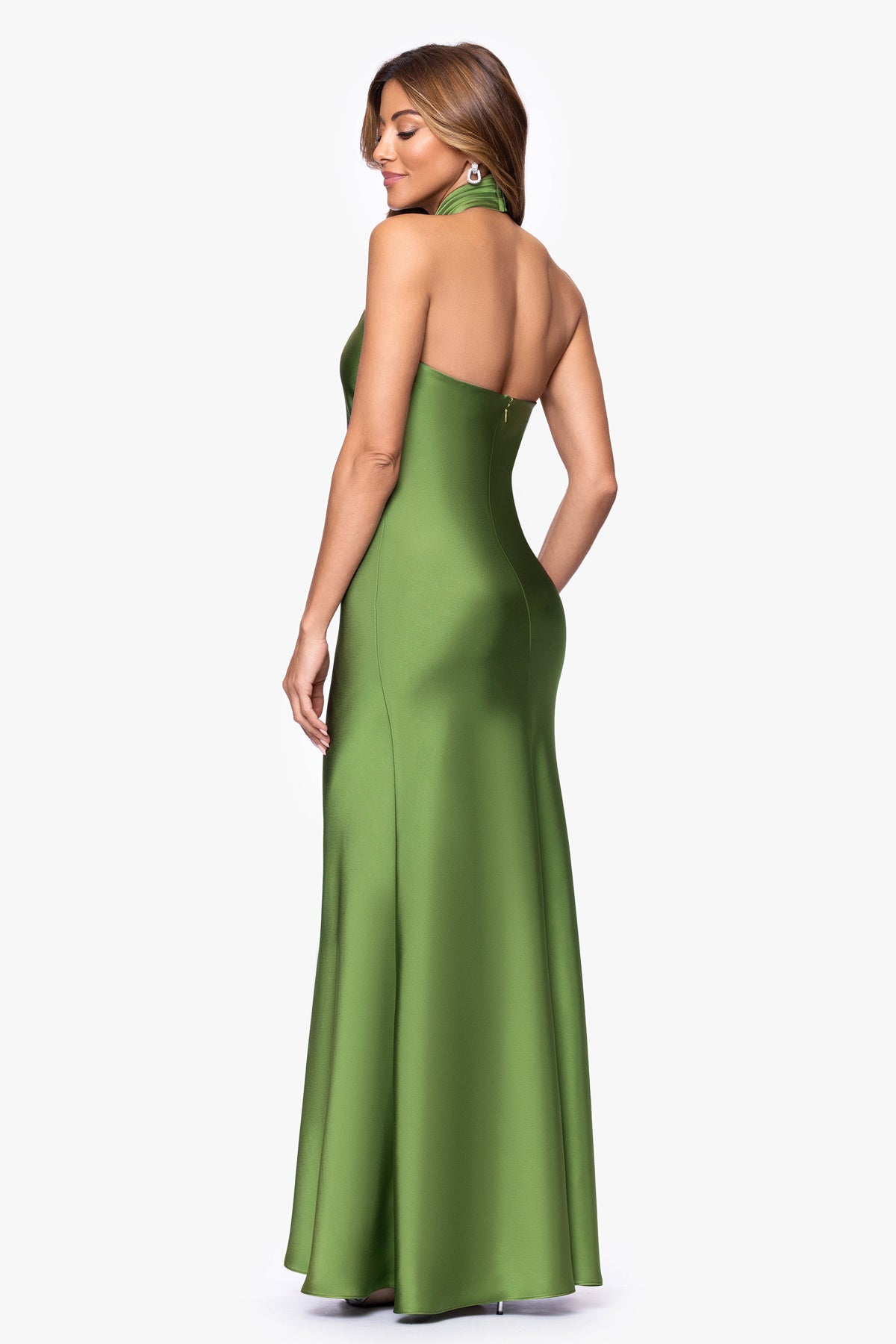 "Esmerelda" Satin Double Knotted Halter Neck Dress - Moss | Betsy & Adam