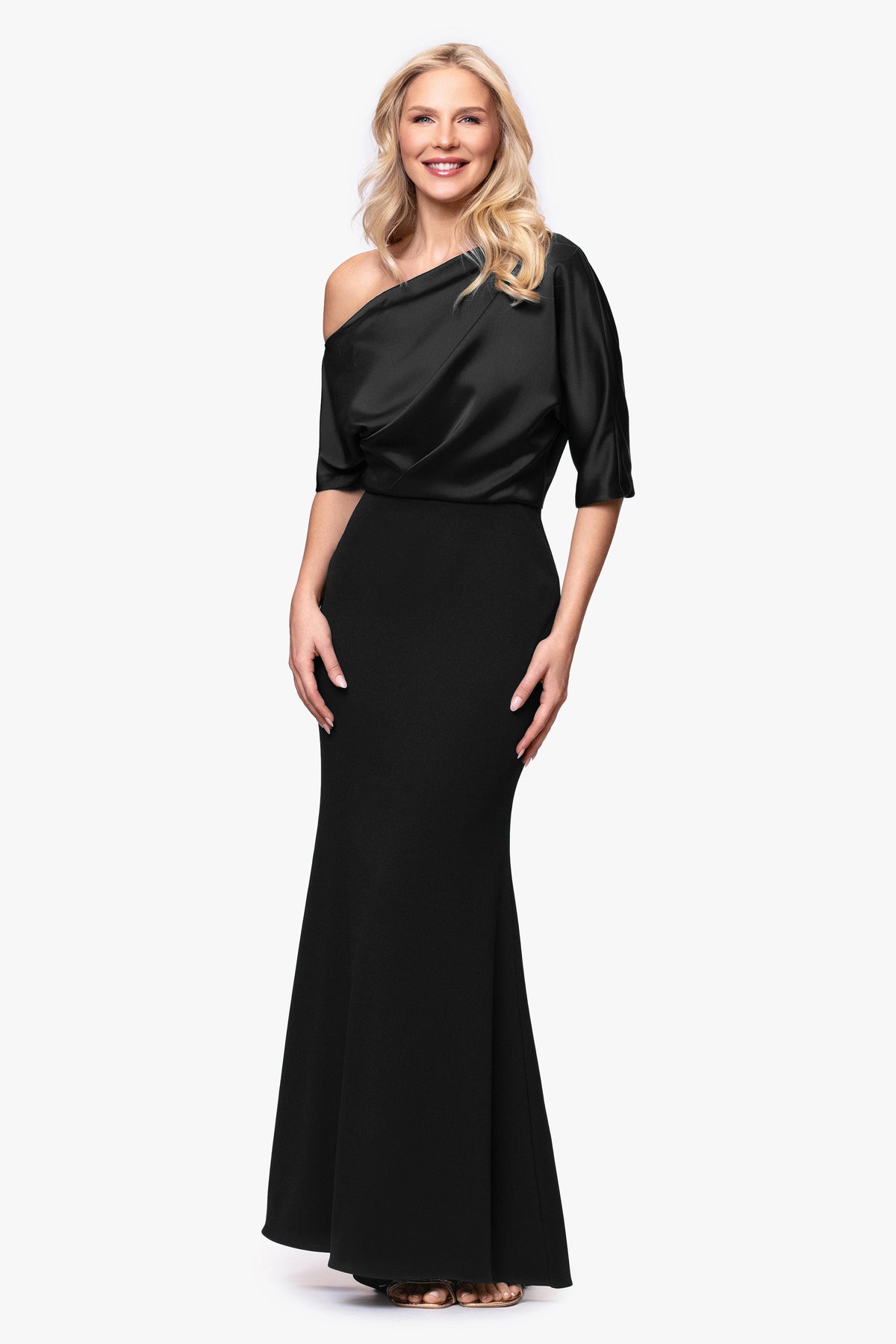 "Ana" Scuba Crepe & Satin Drop Shoulder Dress - Black | Betsy & Adam