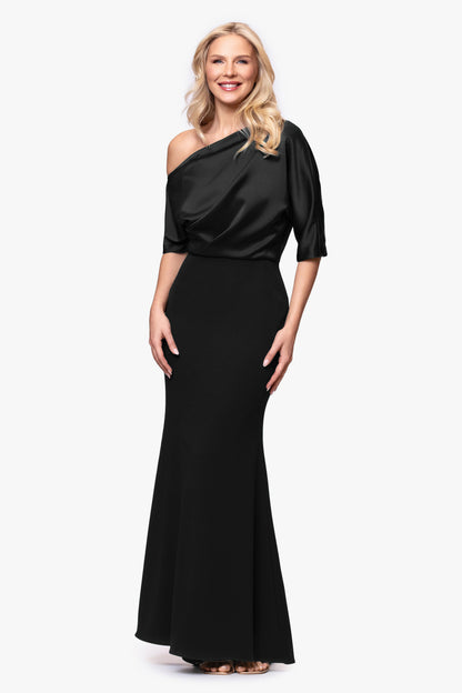 "Ana" Scuba Crepe & Satin Drop Shoulder Dress - Black | Betsy & Adam