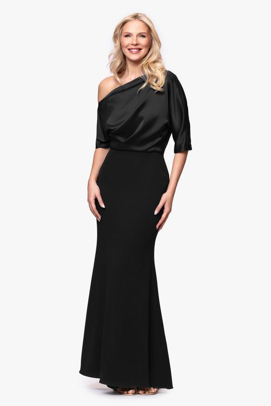 "Ana" Scuba Crepe & Satin Drop Shoulder Dress - Black | Betsy & Adam