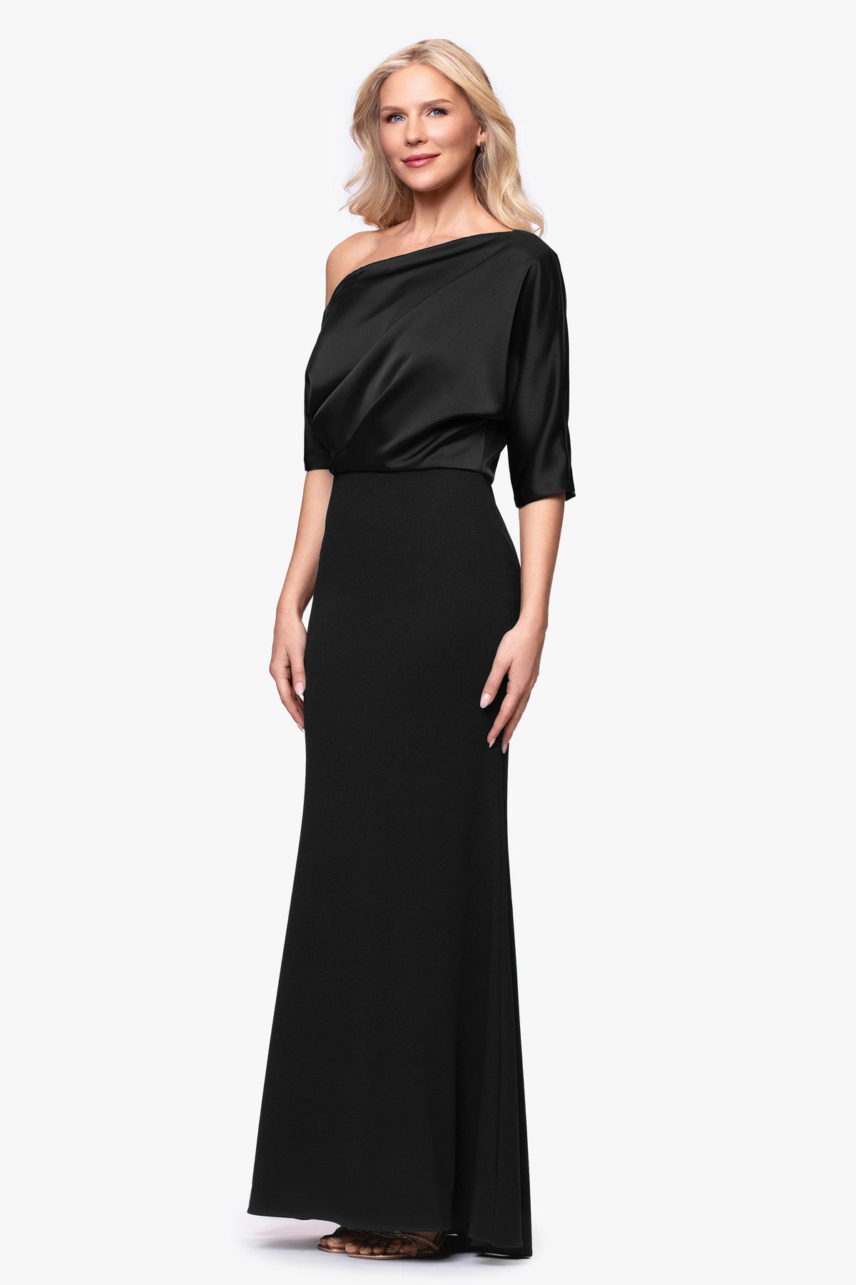 "Ana" Scuba Crepe & Satin Drop Shoulder Dress - Black | Betsy & Adam