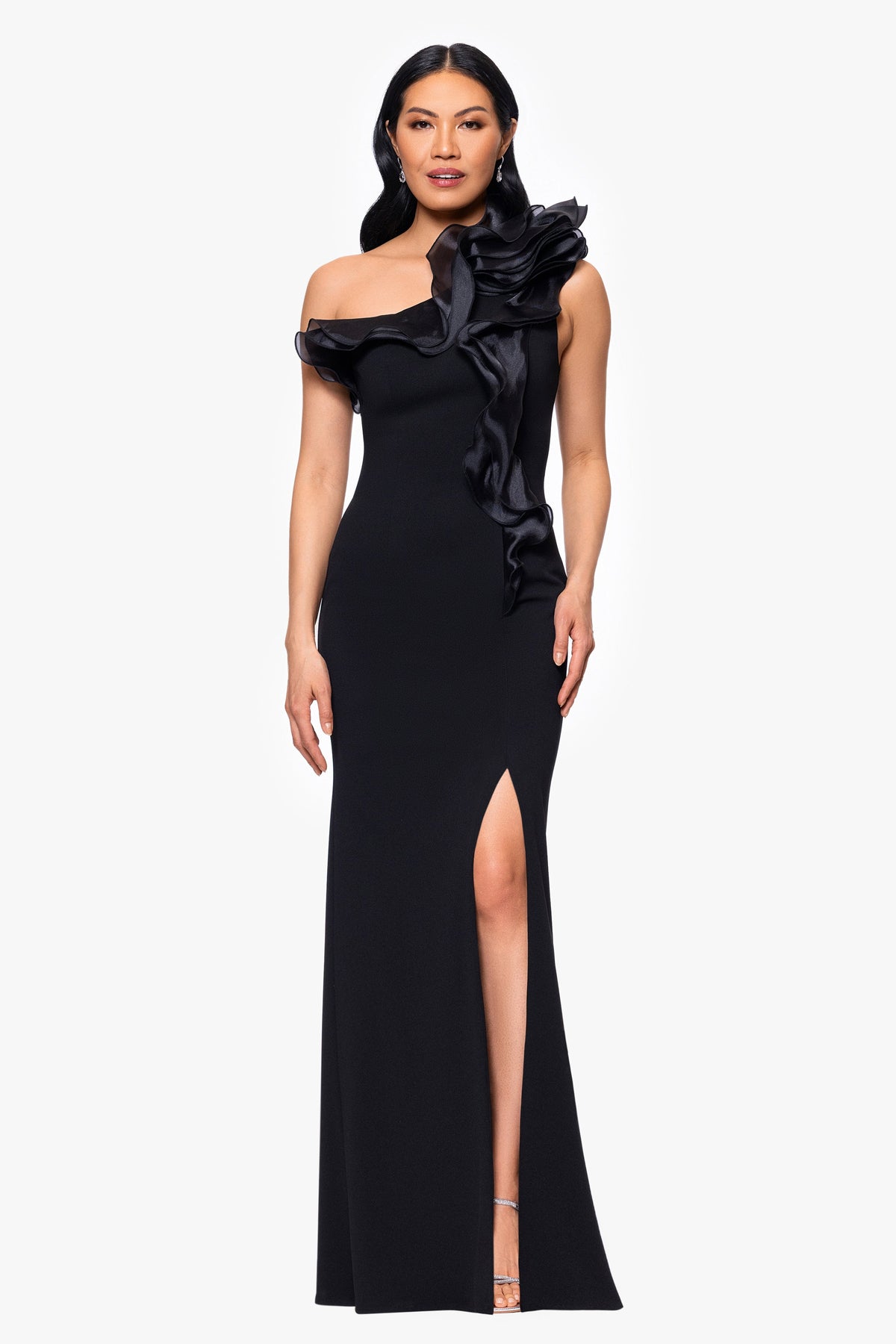 "Drea" Scuba Crepe Drop Shoulder Ruffle Dress - Black | Betsy & Adam