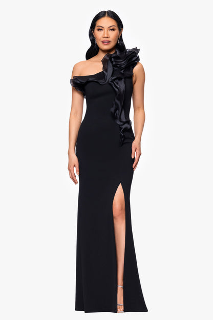 "Drea" Scuba Crepe Drop Shoulder Ruffle Dress - Black | Betsy & Adam