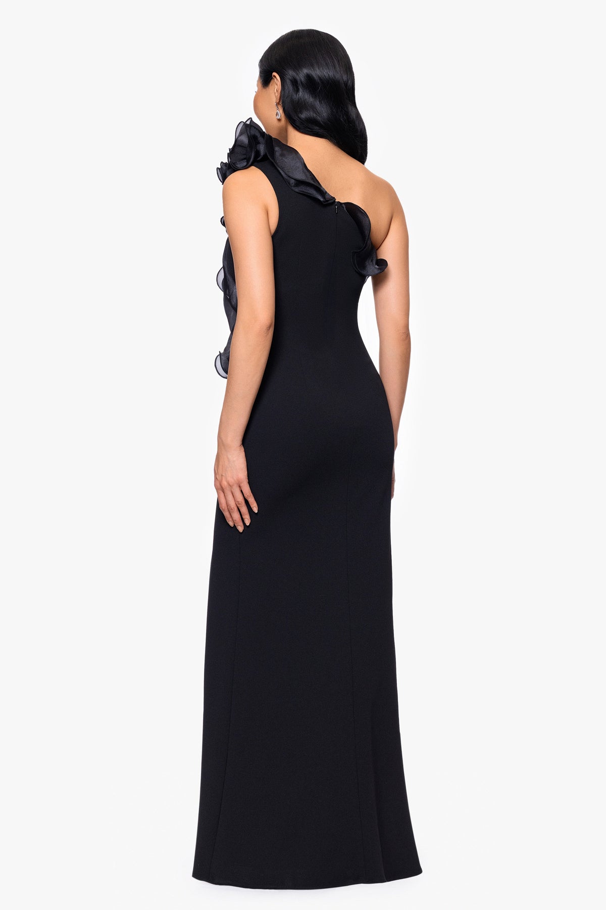 "Drea" Scuba Crepe Drop Shoulder Ruffle Dress - Black | Betsy & Adam