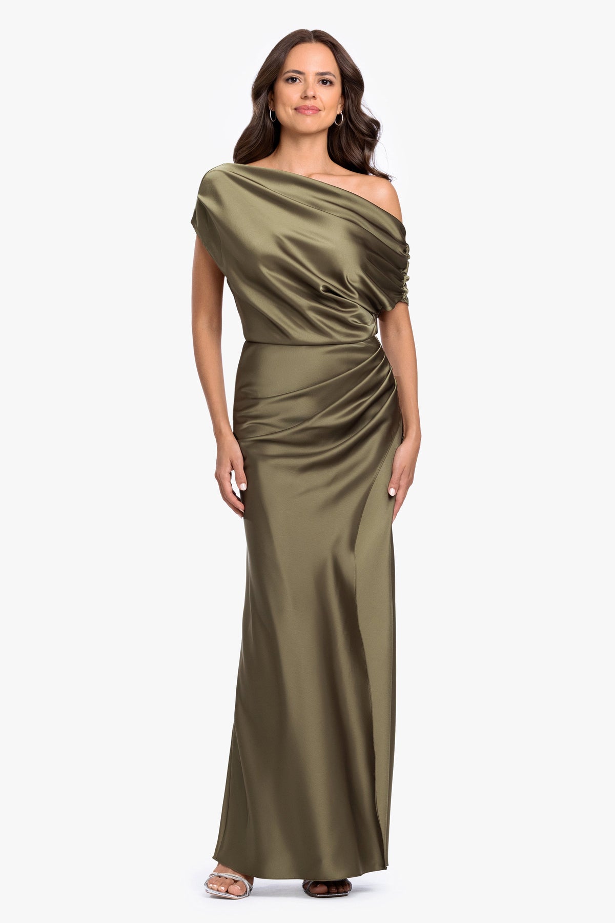 “Hailey” Double Faced Satin Off The Shoulder Ruched Dress - Olive | Betsy & Adam