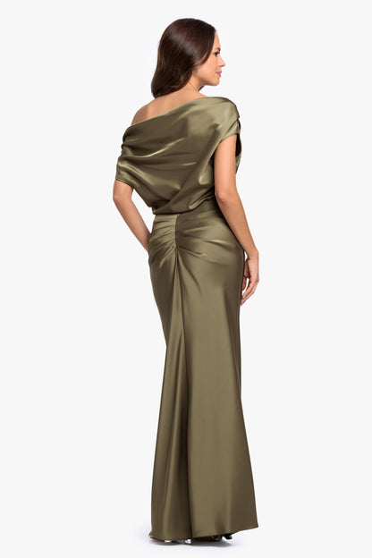 “Hailey” Double Faced Satin Off The Shoulder Ruched Dress - Olive | Betsy & Adam