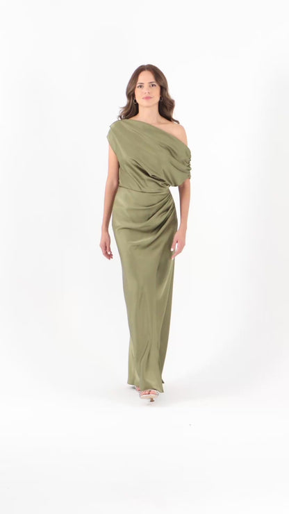 “Hailey” Double Faced Satin Off The Shoulder Ruched Dress - Olive | Betsy & Adam