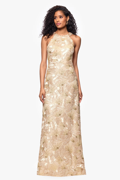 Petite "Fabiana" Soutache Sequin Halter Neck Dress - Champagne | Betsy & Adam