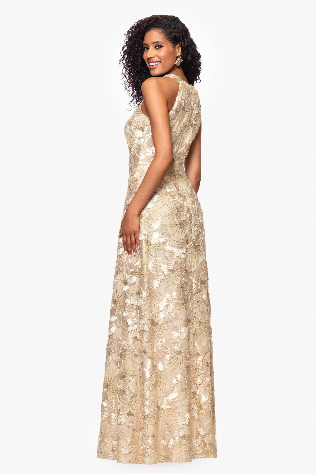 Petite "Fabiana" Soutache Sequin Halter Neck Dress - Champagne | Betsy & Adam