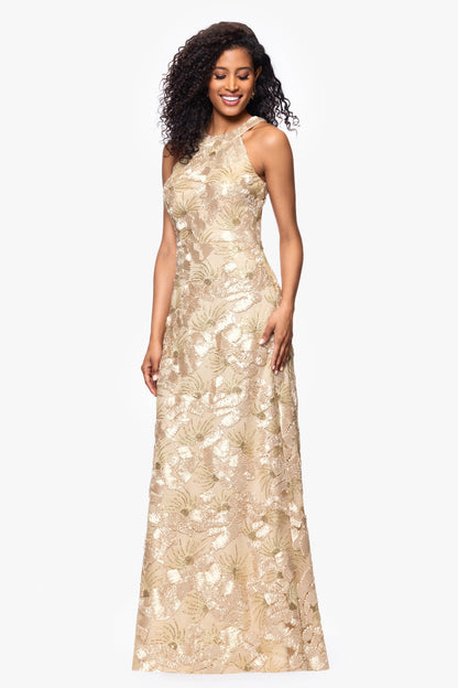 Petite "Fabiana" Soutache Sequin Halter Neck Dress - Champagne | Betsy & Adam