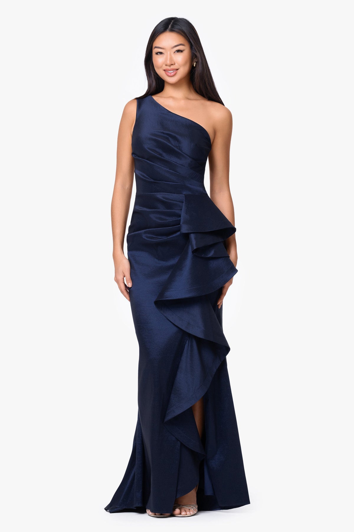 "Evangeline" Taffeta One Shoulder Dress - Navy | Betsy & Adam